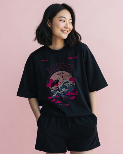 Tokyo Japan Graphic Tee - Crane & Mount Fuji Aesthetic.