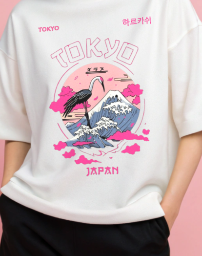 Tokyo Japan Graphic Tee - Crane & Mount Fuji Aesthetic.