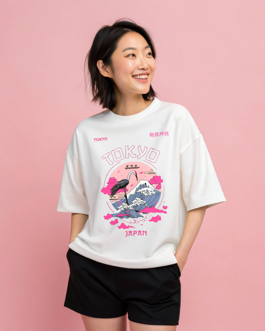 Tokyo Japan Graphic Tee - Crane & Mount Fuji Aesthetic.