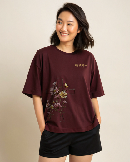 FLORAL Cross Korean Graphic T-Shirt - Oversized Fit