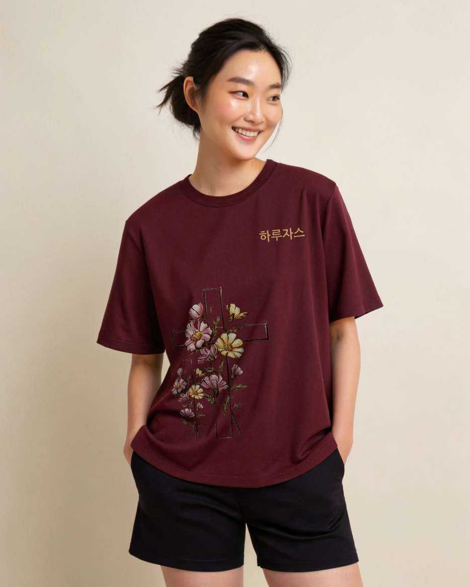 FLORAL Cross Korean Graphic T-Shirt - Oversized Fit