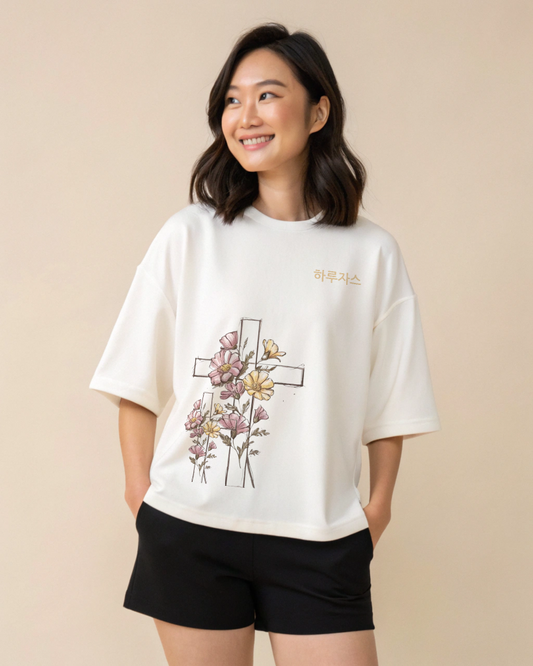 FLORAL Cross Korean Graphic T-Shirt - Oversized Fit
